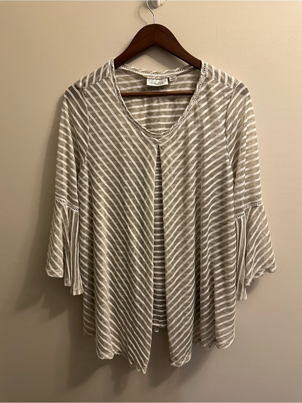 Studio Taupe and White Striped Open Front Tunic with Flared Sleeves